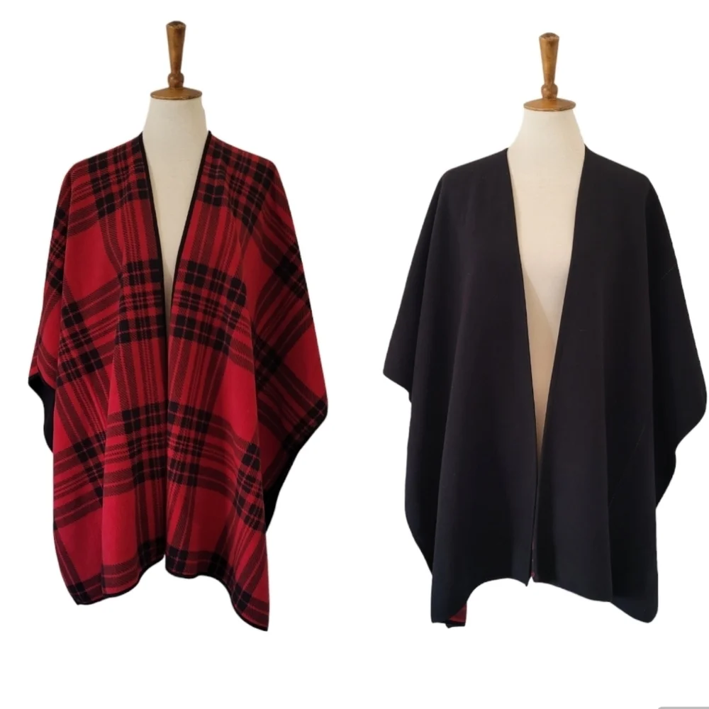 Woolrich Red Black Tartan Blanket‎ Shawl Reversible Cape